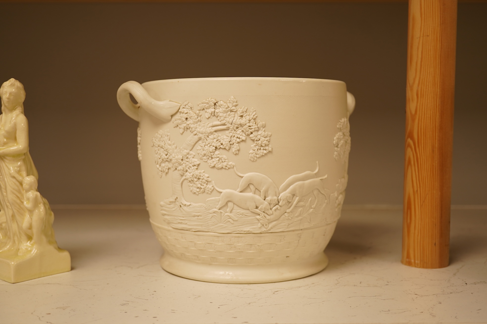 An Adams white stoneware wine cooler with hunting scene, 22.5cm